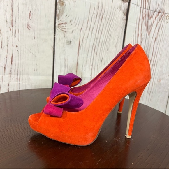 JEFFREY CAMPBELL GARRET orange combo Women's Bow Accent peep toe high heels 7.5 - Picture 10 of 16